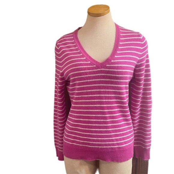 Lord & Taylor Pink Stripe Cashmere V Neck Sweater Size Large - Picture 1 of 7